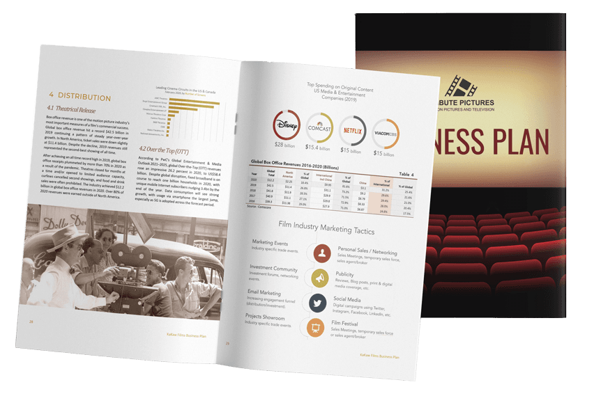 Tribute Films business plan, open spread in dark red and grey