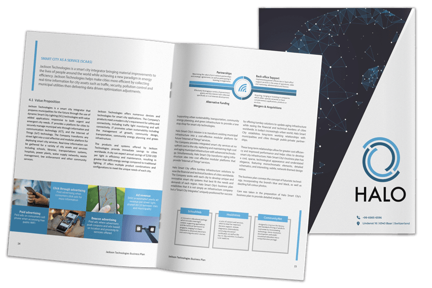 Halo Smart City business plan, open spread with network schematics