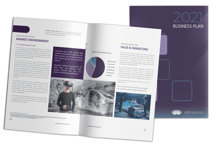 Virtualexis metaverse and VR business plan, open spread in purple and grey